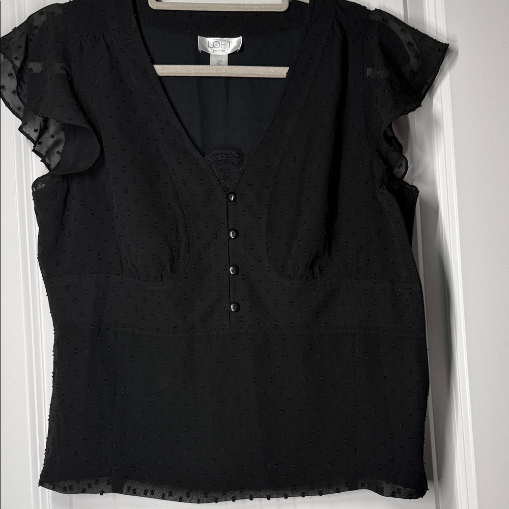 LOFT Black Swiss Dot V-Neck Button Flutter Sleeve Top